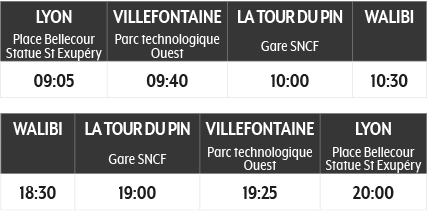 Tableau des horaires A/R de la ligne Lyon <> Walibi